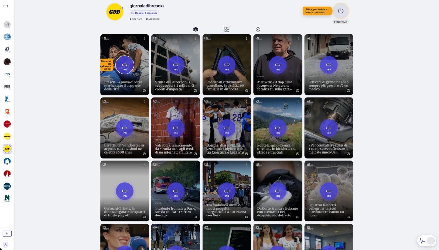 Dashboard InMyDM con griglia dei post Instagram e stato automazione