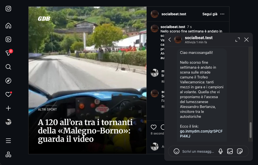 Messaggio DM Instagram inviato automaticamente dopo il commento link, con link tracciato go.inmydm.com