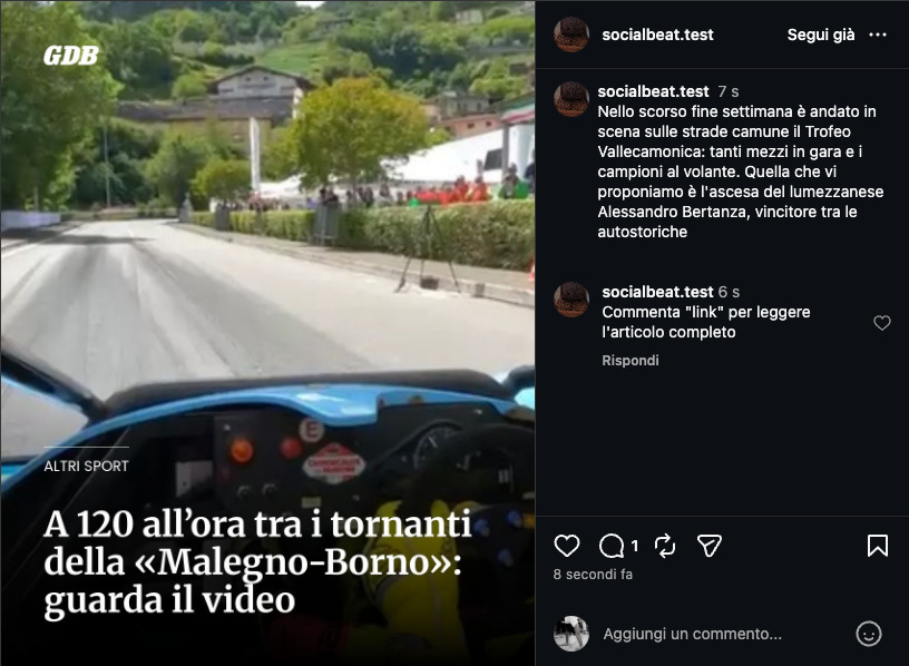 Post Instagram con primo commento automatico: Commenta link per leggere l'articolo completo