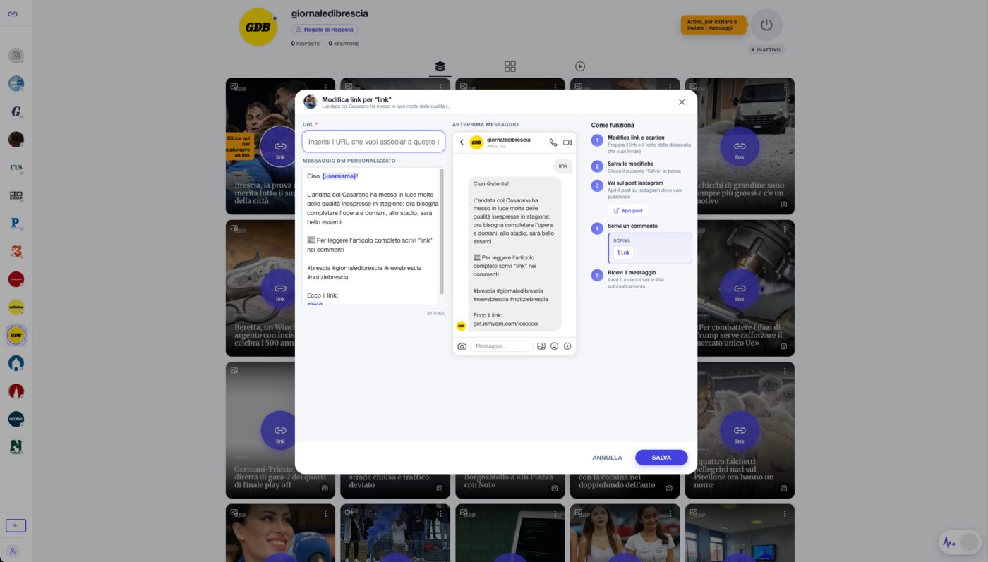 Editor link InMyDM con messaggio DM personalizzato e anteprima mobile